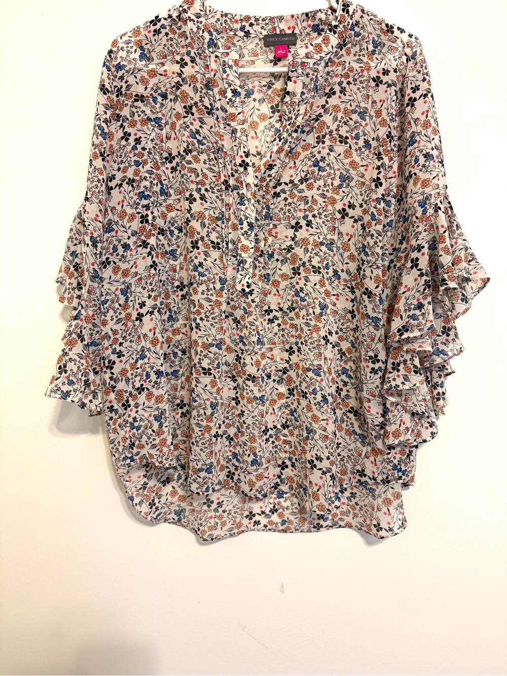 2/$30 Vince Camuto Floral Ruffle Sleeve Blouse Size Large Boho Peasant Top - Picture 4 of 8
